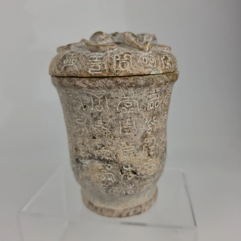 Chinese Carved Stone Gong Vessel Han Dynasty Style Dragon Lid Archaic READ